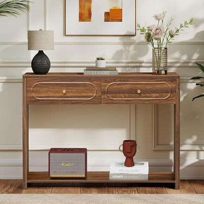 ORRD Fluted Console Table with Drawers, Mid-Century Narrow Entryway Table with Open Storage Shelves, Hallway Accent Tables Behind Couch Tables for Living Room (Walnut)