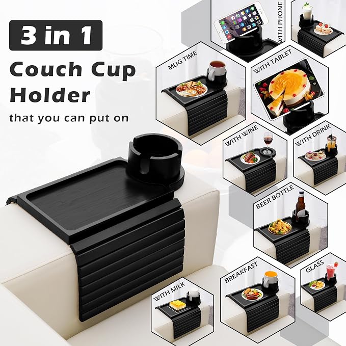 GHKINMAL Couch Cup Holder Tray, 3 in 1 Large Couch Arm Trays,Bamboo Chair Clip on Tray with 360° Ratated Phone Holder for Couch,Armrest Tray for Snacks,Remote,Phone