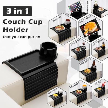 GHKINMAL Couch Cup Holder Tray, 3 in 1 Large Couch Arm Trays,Bamboo Chair Clip on Tray with 360° Ratated Phone Holder for Couch,Armrest Tray for Snacks,Remote,Phone