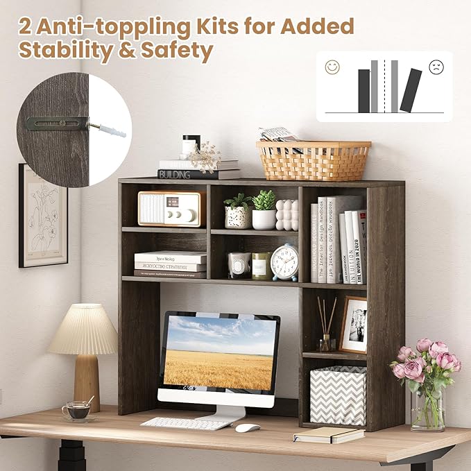 Desk Hutch, Desktop Shelf with 7 Shelves, Desk Bookshelf w/Anti-Toppling Devices, Wood Table Top Bookshelf Organizer, Small Desk Shelf for Study, Office, Dorm (Grey, 7 Shelves)