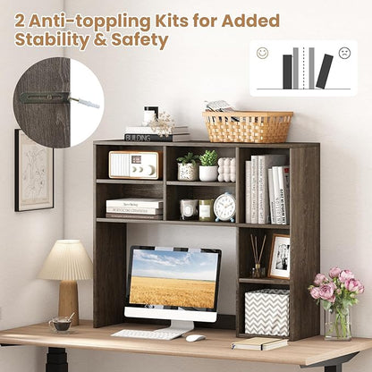 Desk Hutch, Desktop Shelf with 7 Shelves, Desk Bookshelf w/Anti-Toppling Devices, Wood Table Top Bookshelf Organizer, Small Desk Shelf for Study, Office, Dorm (Grey, 7 Shelves)