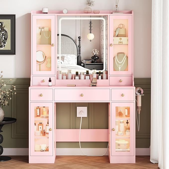 Pink Vanity Desk with Mirror and Lights, Makeup Vanity Table with Lighted Mirror, 5 Drawers & RGB Cabinet, Dressing Table Set with Charging Station for Girls Bedroom, 3 Lighting Modes