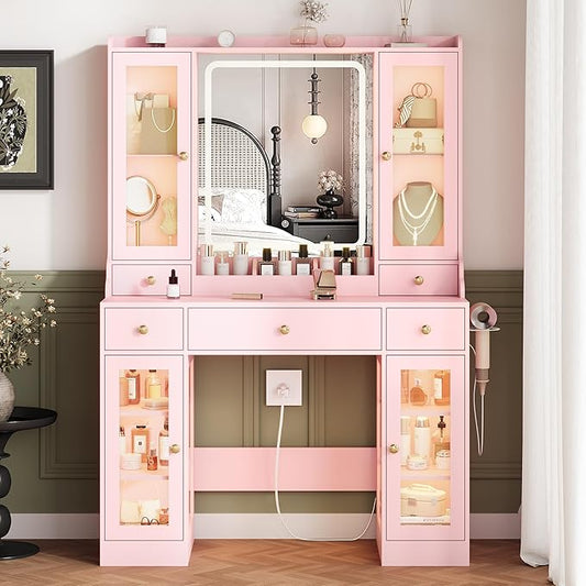 Pink Vanity Desk with Mirror and Lights, Makeup Vanity Table with Lighted Mirror, 5 Drawers & RGB Cabinet, Dressing Table Set with Charging Station for Girls Bedroom, 3 Lighting Modes