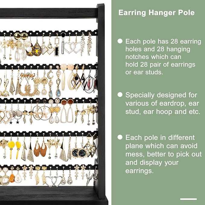 Poyilooo Earring Holder Organizer, Rustic Wood Earring Holder Stand, 5 Layer Jewelry Holder Organizer with 270 Earring Tree Holes Display Rack for Stud Earings & Hoop Earrings, Gifts for Women