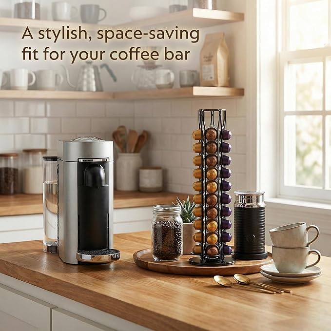 Coffee Pod Holder for Nespresso OriginalLine Capsules, 40 Capacity Rotating Carousel Coffee Pods Organizer, 360 Spinning Coffee Station Storage Rack, Metal Coffee Pod Stand for Kitchen (Black)