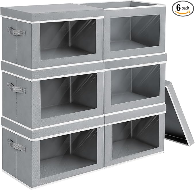 Homsorout Large Storage Bins with Lids - Fabric Storage Cubes with Window, Collapsible Bins for Clothes, 15.7 Inch Large Baskets for Bedroom, Dorm, Office, Grey, 6 Pack