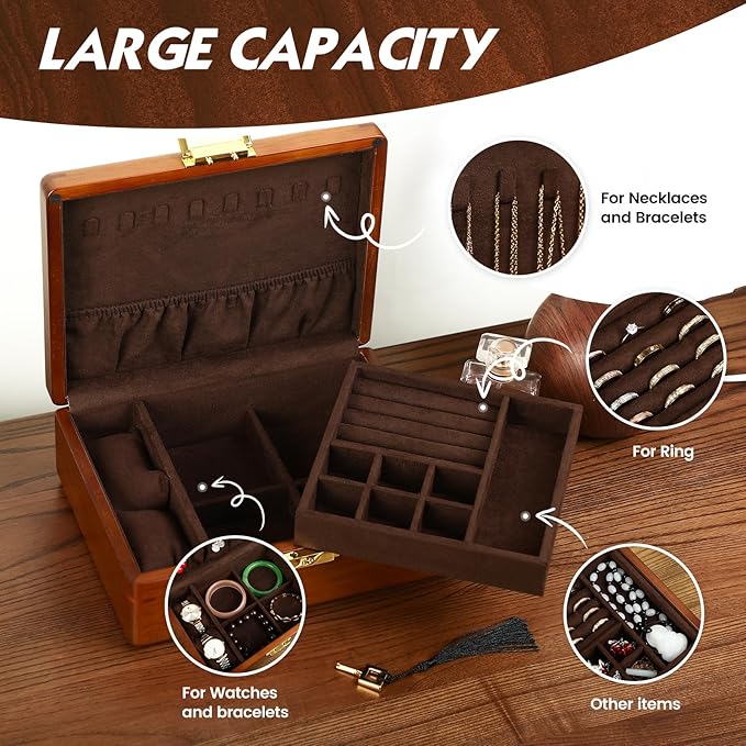 Solid Walnut Wood Jewelry Box with Lock,2 Layer Velvet Lined for Earrings Rings Necklaces Bracelets Watches,Both Style and Security, for Men Women,Vintage Brown