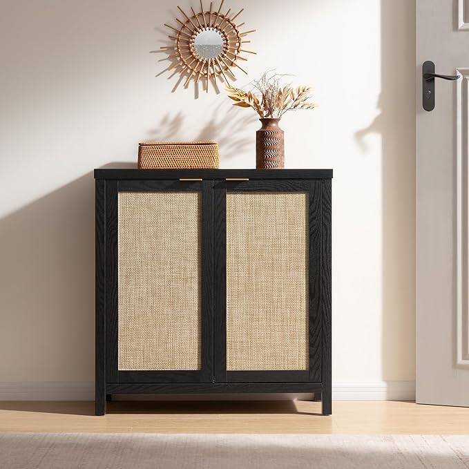 SICOTAS Rattan Sideboard Buffet Storage Cabinet - 3 Pieces Boho Farmhouse Coffee Bar Cabinet Credenza Cabinet with Storage and Rattan Decorated Doors for Home Kitchen, Black