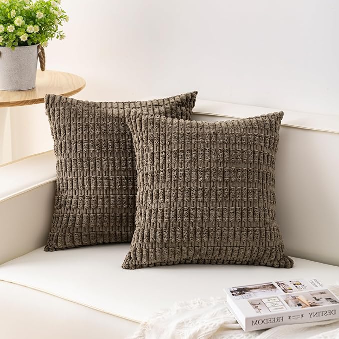 Aegero Pack of 2 Corduroy Decorative Throw Pillow Covers 18x18 InchSoft Boho Striped Pillow Covers Modern Farmhouse Home Decor for Sofa Living Room Couch Bed（Green）