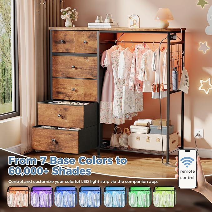 OLIXIS 6 Storage for Bedroom with Hanging Rack with LED Lights & Charging Station, Fabric Chest of Storage with Rack, Wooden Top, for Home Living Room Entryway Oak Greige