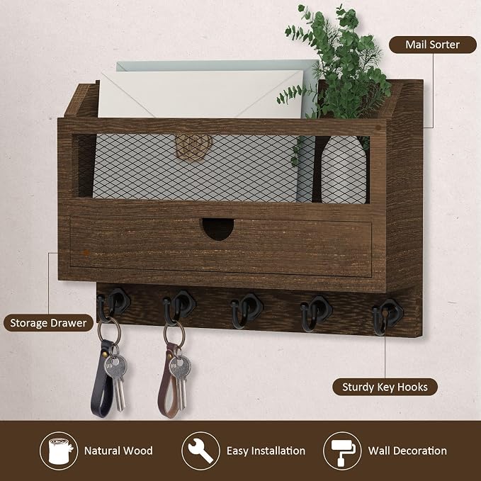 Nekon Key and Mail Holder for Wall, Key Organizer with 5 Hooks & Storage Drawer, 11" W x 7.9" H x 3.1" D Wooden Key Rack for Entryway and Home Decor (Brown)