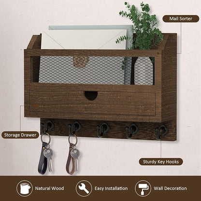 Nekon Key and Mail Holder for Wall, Key Organizer with 5 Hooks & Storage Drawer, 11" W x 7.9" H x 3.1" D Wooden Key Rack for Entryway and Home Decor (Brown)