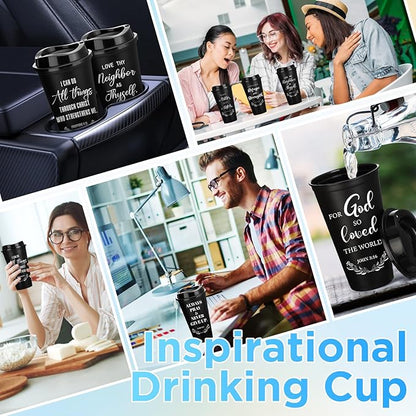 Skylety 20 Pack Christian Gifts for Men Women 16oz Reusable Bible Verse Tumbler Bulk Plastic Coffee Cups with Lids Inspirational Religious Church Gifts for Valentine Easter Birthday (Black)
