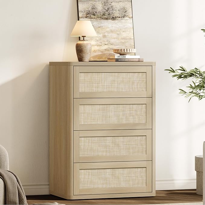 SICOTAS 4 Drawer Dresser for Bedroom-40.59'' Tall Rattan Bedroom Dressers with Oversized Drawers, Boho Wooden Chest of Drawers, Push-to-Open Storage Dresser for Closet, Nursery, Sand Oak, 3PCS