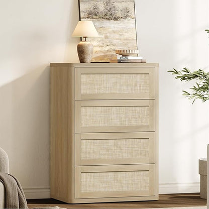 SICOTAS 4 Drawer Dresser for Bedroom-40.59'' Tall Rattan Bedroom Dressers with Oversized Drawers, Boho Wooden Chest of Drawers, Push-to-Open Storage Dresser for Closet, Nursery, Sand Oak