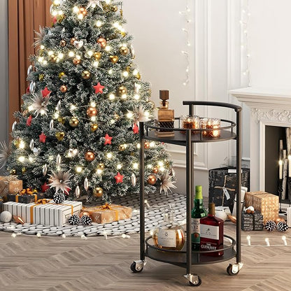 Bar Cart Black Rolling Cart for Home,2 Tiers Bar Serving Cart Round Wine Cart with Handle, Metal Wine Rack and Casters, Serving Bar Trolley for Home Kitchen,Living Room,Christmas,New Year