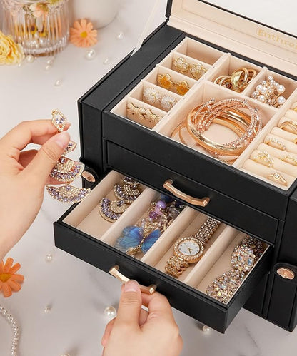 Jewelry Box with 3 Drawers: Display Organizer for Earrings Necklaces - Gifts for Girls Women (Black)