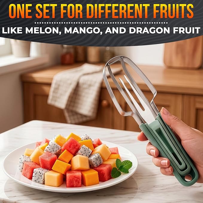 3-in-1 Watermelon Slicer Tool — Stainless Steel Portable, Mess-Free Multi-Use Kitchen Gadget for Summer Picnic, BBQ, Pool Party, Family Hosting, Hostess Gift — Watermelon Cutter Slicer Tool Kit