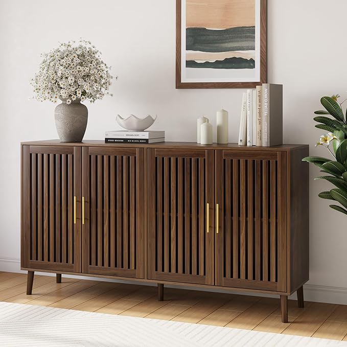 63" Long Sideboard Buffet with 4 Slatted Doors, Farmhouse Buffet Storage Cabinet with Adjustable Shelf, Coffee Bar Cabinet for Entryway, Kitchen, Dining Room, Living Room, Walnut Color | 4 Louvered Doors, Farmhouse Buffet, Storage Cabinet, Gold Handle,...