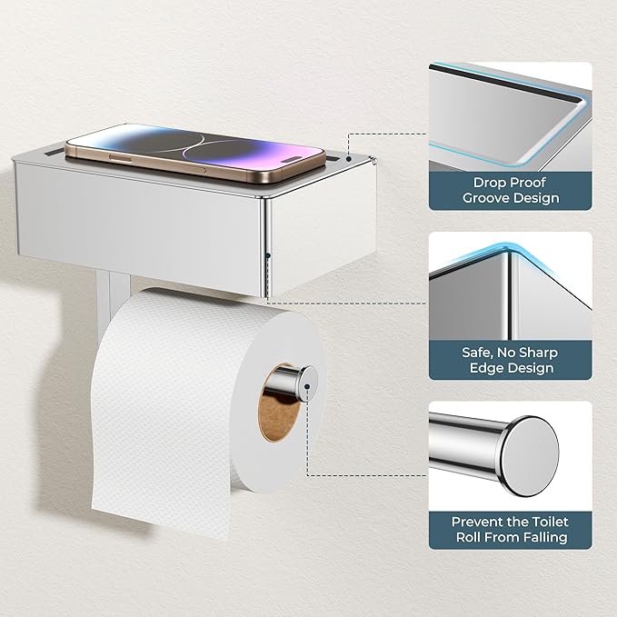 FORIOUS Toilet Paper Holder with Shelf, Sanitary Napkin Receptacle Tampon Holder, Wall Mount Toilet Paper Holder with Storage, Flushable Wipes Dispenser Fits for Bathroom Commercial(1, Chrome)