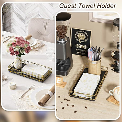 Toilet Paper Basket Holder, 13" Bathroom Tray Countertop, Wood and Metal Toilet Tank Tray Bathroom Vanity Organizer for Toiletry, Kitchen Sink Organizer for Soap Dispenser (Black + Gold)