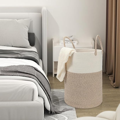 Eblog 58L Cotton Rope Laundry Basket (20"x15"), Woven Storage Basket for Laundry, Living Room, Nursery, Bedroom, Blankets (White/Brow)