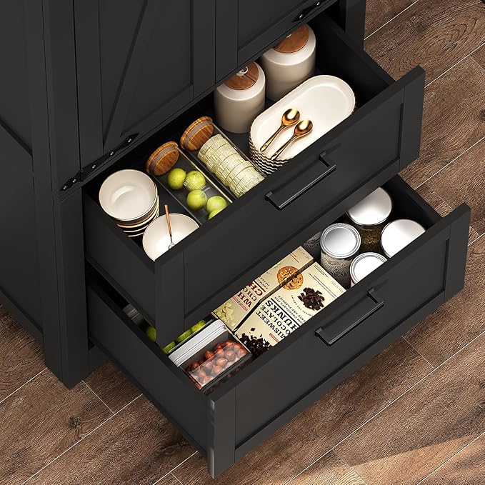 TEENFON 66.2" H Storage Cabinet, Farmhouse Kitchen Pantry Cabinet with 2 Drawers & Adjustable Shelf, Bathroom Cabinet, for Living Room, Kitchen, Bathroom, Black