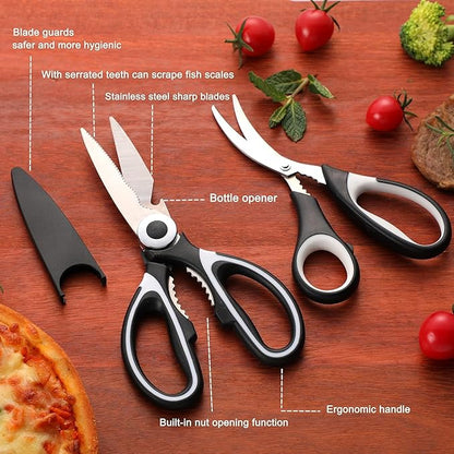 OMDAR 3 Pack Kitchen Scissors All Purpose 3 Pack - Heavy Duty Stainless Steel Cooking Shears for Cutting Meat, Food, Fish, Poultry Sharp Sissors for Dishwasher Safe - with Protective Sheath