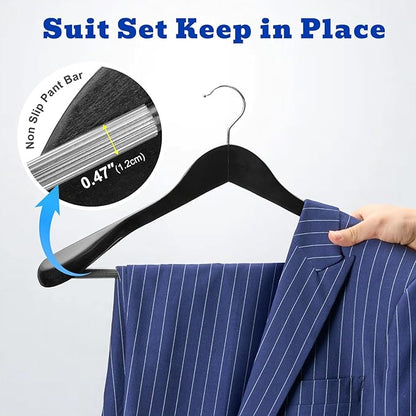 HOUSE DAY High-Grade Suit Hangers, Wide Shoulder Wooden Hangers with Non Slip Pants Bar, Smooth Finish 360° Swivel Hook Solid Wood Coat Hangers for Dress, Jacket, Heavy Clothes Hanger 6 Pack (Black)