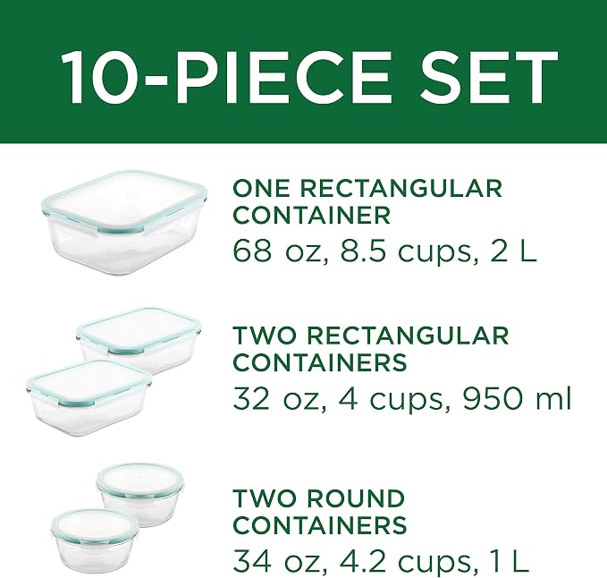 LOCK & LOCK Purely Better Glass Food Storage Container Set, 10 Piece, Clear