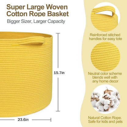 MEGASKET Extra Large 115L Yellow Basket, 23.6" x15.7 Cotton Rope Yellow Decor for Living Room Bedroom, Woven Basket for Blanket, Laundry, Towel, Shoe, Kids Toy Box Organizer, Room Decor Storage Bin