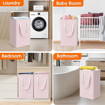 3 Pack Large Laundry Basket,Waterproof & Freestanding Laundry Hamper,Collapsible Clothes Hampers with Easy Carry Long & Reinforced Handles in Bathroom,College Dorm(125Lx3,Pink)