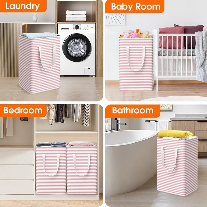 3 Pack Large Laundry Basket,Waterproof & Freestanding Laundry Hamper,Collapsible Clothes Hampers with Easy Carry Long & Reinforced Handles in Bathroom,College Dorm(100Lx3,Pink)