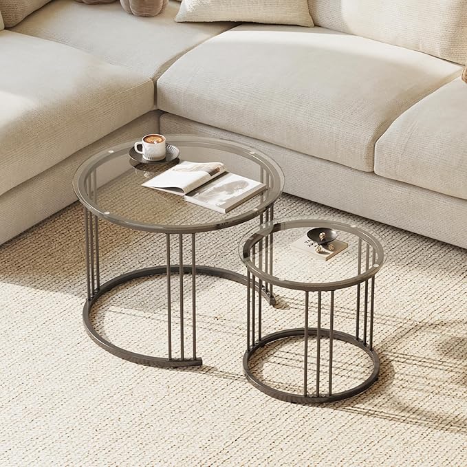 Garden 4 you Nesting Coffee Table, 23.6" Round Coffee Table Set of 2, Glass Nesting Table with Metal Frame, Ceter Tables for Living Room Bedroom Balcony, Black