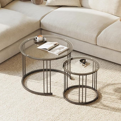 Garden 4 you Nesting Coffee Table, 23.6" Round Coffee Table Set of 2, Glass Nesting Table with Metal Frame, Ceter Tables for Living Room Bedroom Balcony, Black