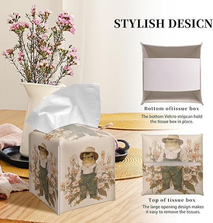 Grace Yonks Vintage Frog Tissue Box Cover Square, Overalls Cottagecore Floral Cube Case for Facial Tissues, 5.2" PU Leather(081)