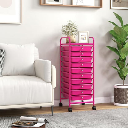 OFFICEJOY Storage Cart, Rolling Utility Cart with 10 Drawers, Portable Handles & Lockable Wheels, Mobile Paper Toys Storage Organizer Large Capacity for Home Office School Teacher (Hot Pink)