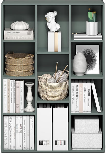 Furinno LUDER Book Shelf, 11-Cube Bookshelf, Reversible Bookcase, 9.4" x 29.1" x 41.7", for Living Room, Bedroom, Home Office, Sage Green