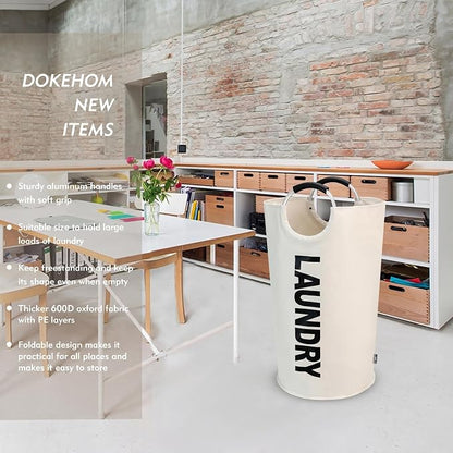 DOKEHOM 90L Large Laundry Basket, Collapsible Laundry Bag, Freestanding Tall Clothes Hamper, Foldable Washing Bin (Beige)