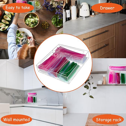 SEANADO Acrylic Zip Bag Storage Organizer, Bamboo Baggie Organizer Dispenser for Kitchen Drawer and Wall Mount，Compatible with Gallon, Quart, Sandwich & Snack Variety Size Bag(Clear)