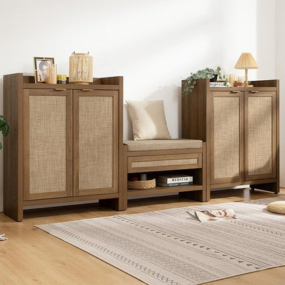 SICOTAS Shoe Cabinet Set of 3, Large Capacity Shoe Storage Organizer Cabinet, Tall Rattan Shoe Cabinet with Doors and Shelves, 6-Tier Farmhouse Boho Wooden Storage Cabinet for Entryway Hallway