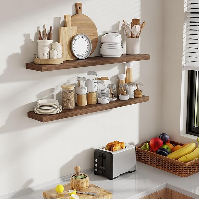 Acovy 40 Inch Floating Shelves, 8 Inch Deep Floating Shelves for Wall, Hanging Shelf with Invisible Brackets, Deep Shelves for Bathroom, Bedroom, Living Room, Walnut, Set of 2