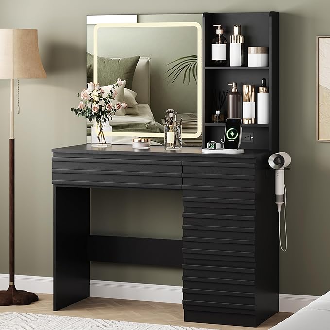 Makeup Vanity Desk with Lights, Fluted Vanity with 4 Drawers, Open Shelves, Power Outlet, LED Lighted Mirror, 3 Lighting Modes & Brightness Adjustable, Wood Dressing Table for Bedroom, Black