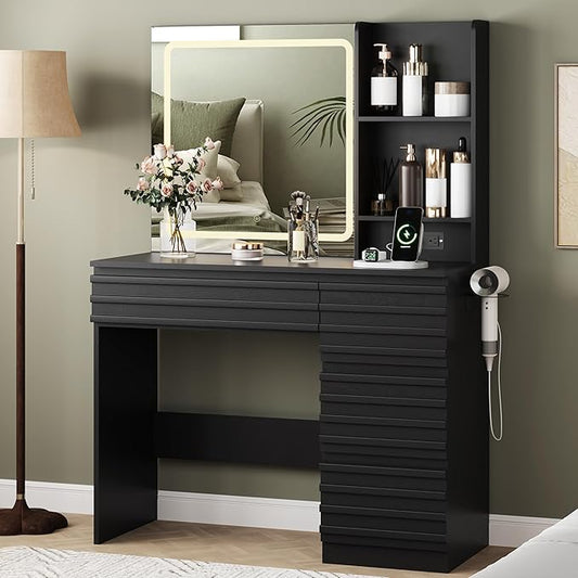 Makeup Vanity Desk with Lights, Fluted Vanity with 4 Drawers, Open Shelves, Power Outlet, LED Lighted Mirror, 3 Lighting Modes & Brightness Adjustable, Wood Dressing Table for Bedroom, Black