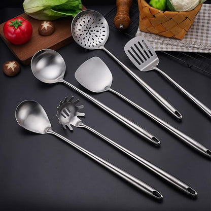 304 Stainless Steel Kitchen Utensils Set - 17” All Metal Cooking Tools, 6-Pcs Extra Long Handle Utensils with Spatula, Soup Ladle, Skimmer Spoon, Slotted Spatula Turner, Spaghetti Server, Solid Spoon