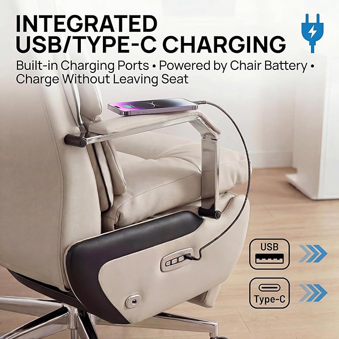 Dual Motor Executive Home Reclining Office Chair with Footrest - One-Click Electric Recline with Massage & Pillow Support Big and Tall PU Leather Ergonomic Desk Chair, High Back Wide Seat (White)