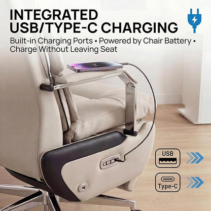 Dual Motor Executive Home Reclining Office Chair with Footrest - One-Click Electric Recline with Massage & Pillow Support Big and Tall PU Leather Ergonomic Desk Chair, High Back Wide Seat (White)