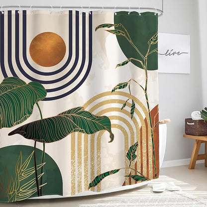 Glawry Abstract Mid Century Shower Curtain Green Retro Boho Tropical Palm Tree Sun Arch Bathroom Modern Minimalist Aesthetic 72Wx72L Inches Bath Accessories Art Home Decor Fabric 12 Pack Hooks