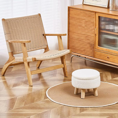 Wimarsbon Storage Ottoman, Modern Round Footrest with Soft Padded Seat, Teddy Velvet Footstool with Wood Legs, Accent Small Table or Plant Stand for Hallway, Living Room (Cream)