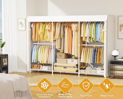 ULIFHOME E14C Max Heavy Duty Closet Organizer System，Freestanding Clothing Racks for Hanging Clothes，Adjustable Garment Rack 86" W × 16" D × 77" H Hold 1060 lbs，White Rack with White Cover